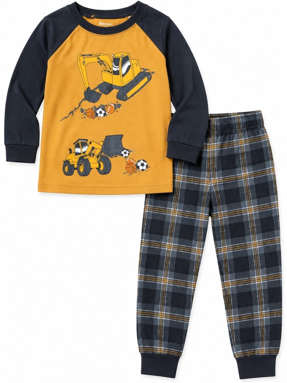 Pekkle 5T Boys Pajama Set Construction Machine Plaid Excavator Digger